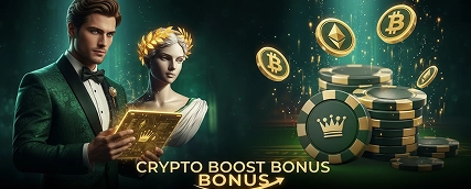 CrownGreen promotional banner for the Crypto Boost Bonus featuring a Roman-style statue holding a golden book surrounded by Bitcoin and Ethereum coins