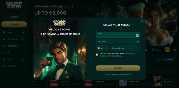 The CrownGreen official registration page showing a welcome package of $9,000 plus 250 free spins next to a sleek sign-up form and a tuxedo-clad mascot