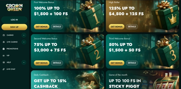 A display of CrownGreen casino bonus tiles featuring green gift boxes labeled 1 and 2, offering free spins and deposit matches for new players